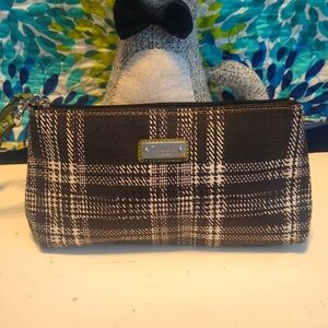 Tignanello Wristlet Canvas / Wallet / Black Plaid Green Leather Strap & Trim
